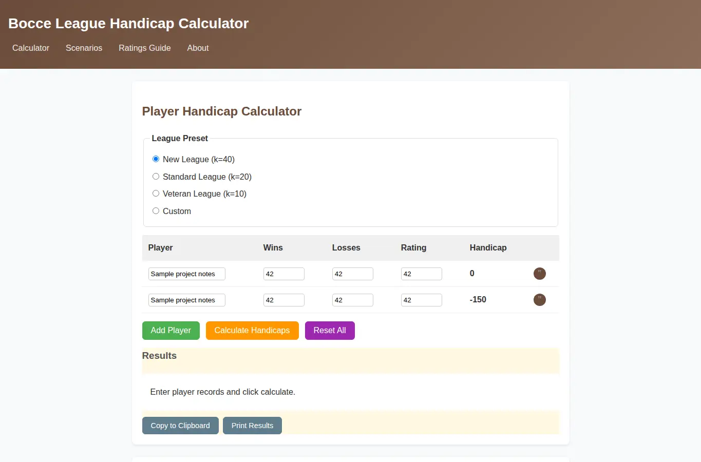 Screenshot of Bocce League Handicap Calculator interface showing the project page in use